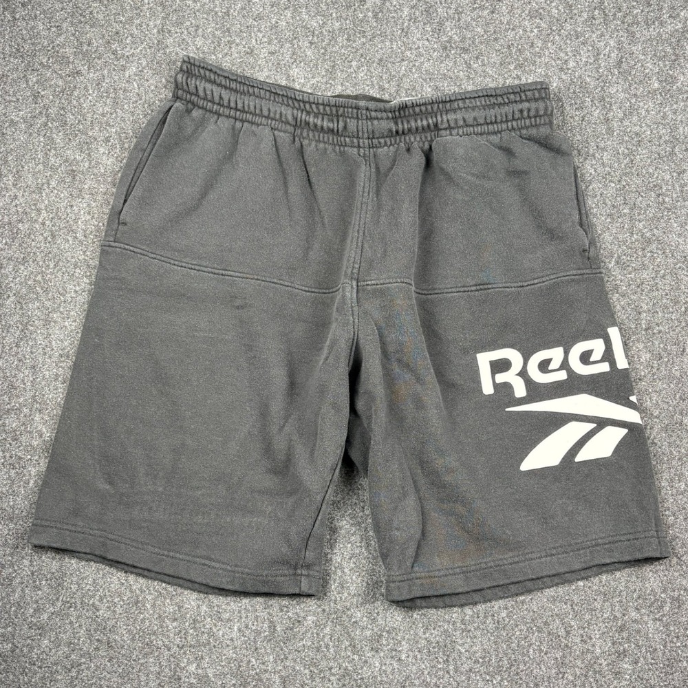 Reebok Mens Fleece Shorts Black Grey Graphic Logo Gym Athletic Size Large
